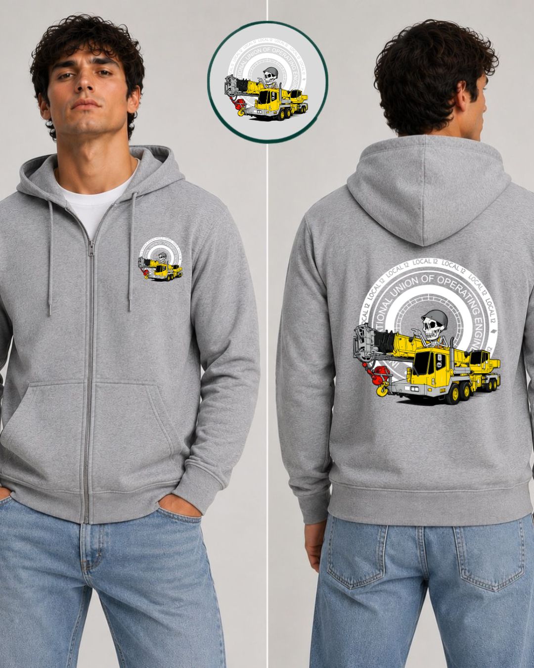 Hydraulic Crane Skeleton with 12 Steam Gauge Zip-Up Hoodie