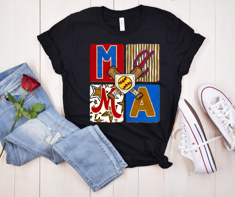 Mama Softball Patchwork Print T-Shirt