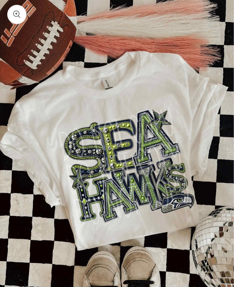 Seattle Seahawks Rhinestone Font Print T-Shirt