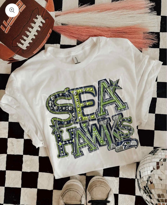 Seattle Seahawks Rhinestone Font Print T-Shirt