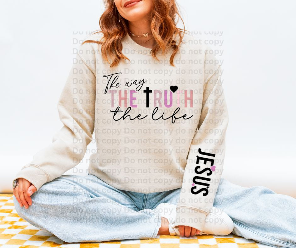 The Way the Truth the Life with Jesus sleeve accent Crew