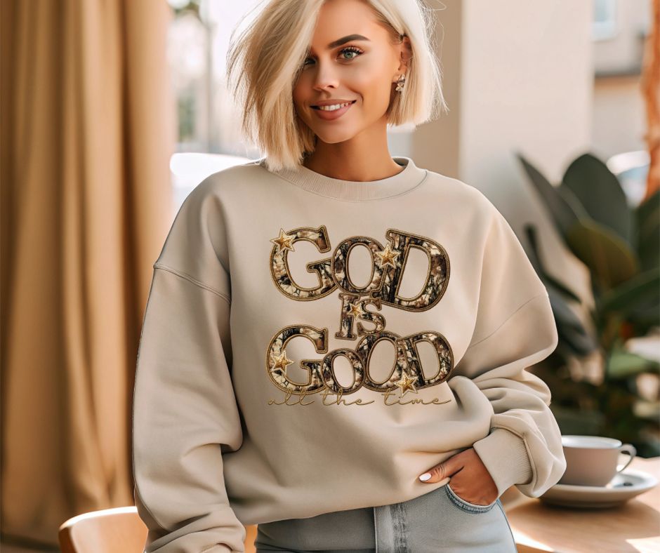 God is Good Camo Collab on Crew Sweatshirt