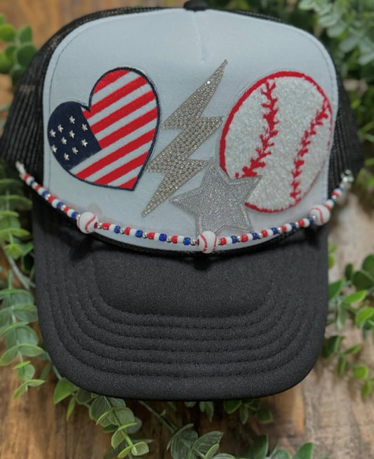 Custom Baseball Otto Cap with various patches and beaded chain