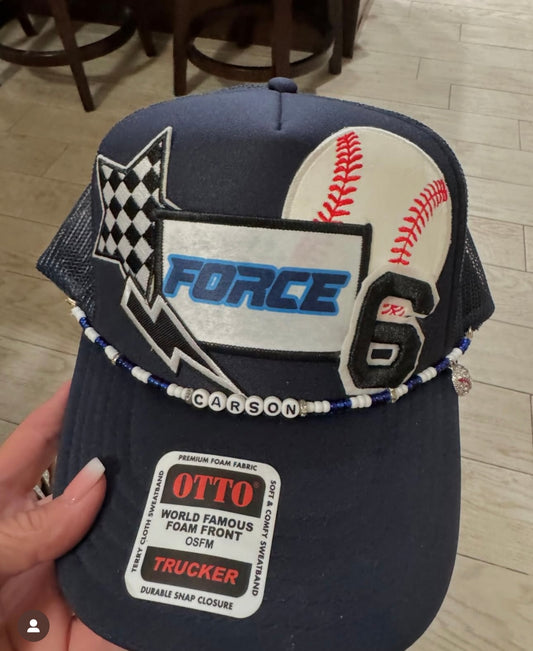 Customized Otto Cap with team logo, number and beaded name