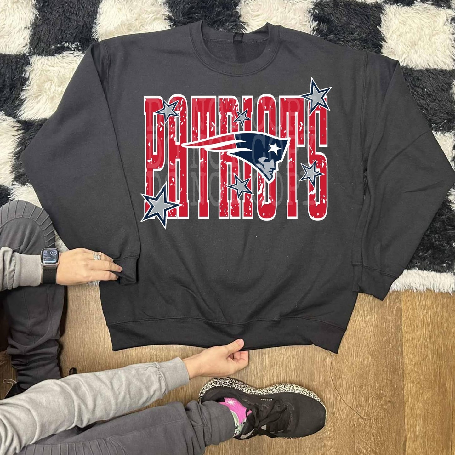 New England Patriots with front and back Design on Black Gildan Crew Sweatshirt
