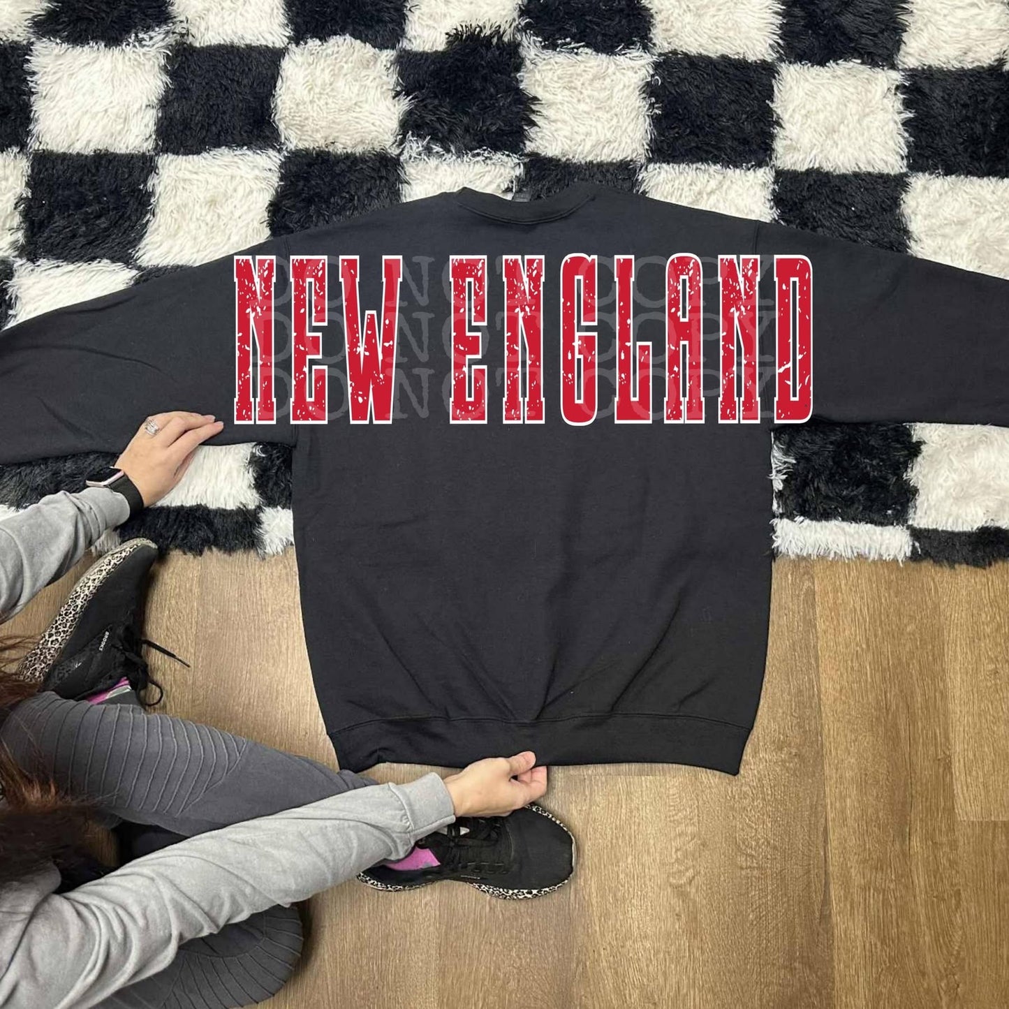 New England Patriots with front and back Design on Black Gildan Crew Sweatshirt