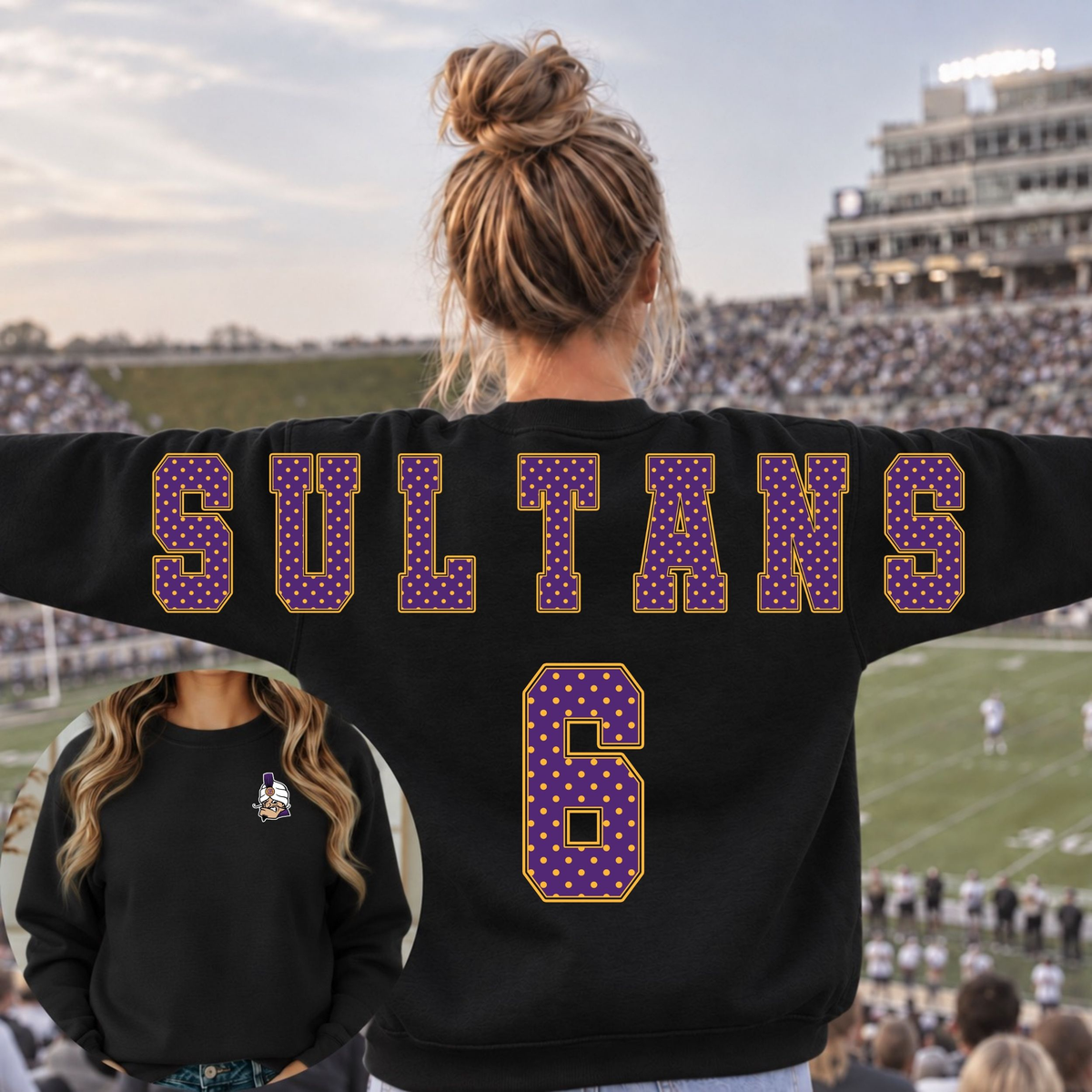 Santana Sultans with Mascot  Stretched Polka Dot Crew