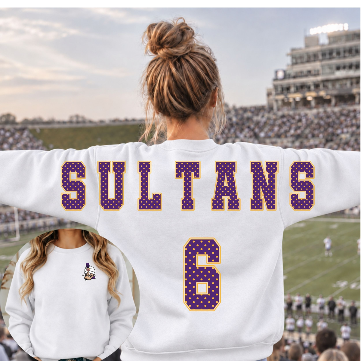 Santana Sultans with Mascot  Stretched Polka Dot Crew