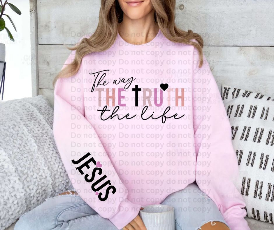 The Way the Truth the Life with Jesus sleeve accent Crew