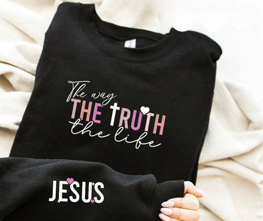 The Way the Truth the Life with Jesus sleeve accent Crew