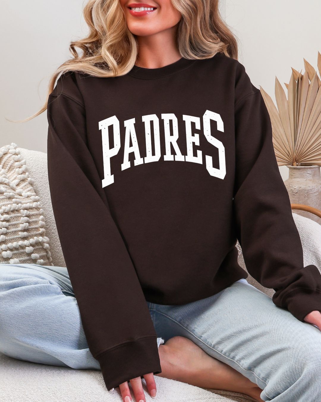 Padres large white Distressed Font on Chocolate Brown Crew