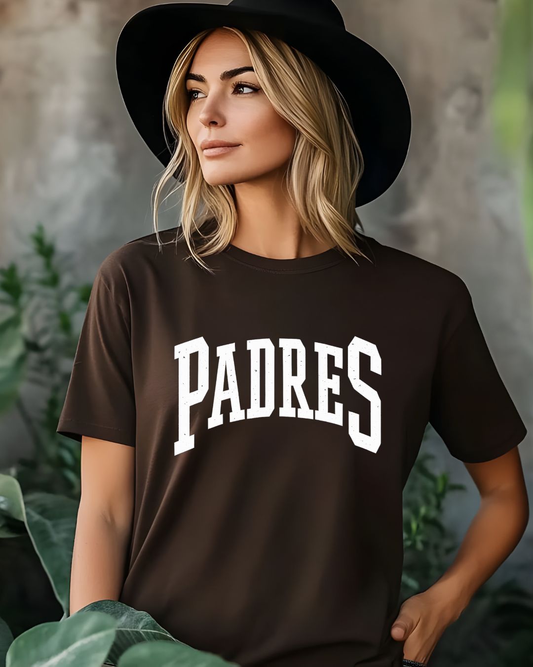 Large White Distressed Padres on Chocolate Brown Bella Canvas T-Shirt