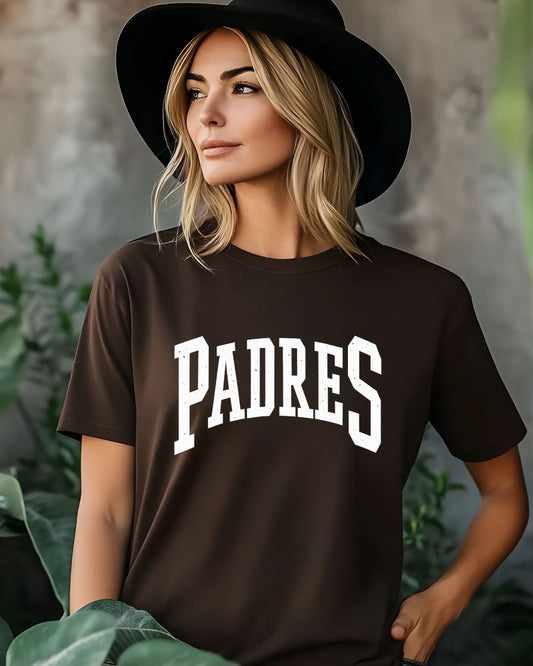 Large White Distressed Padres on Chocolate Brown Bella Canvas T-Shirt